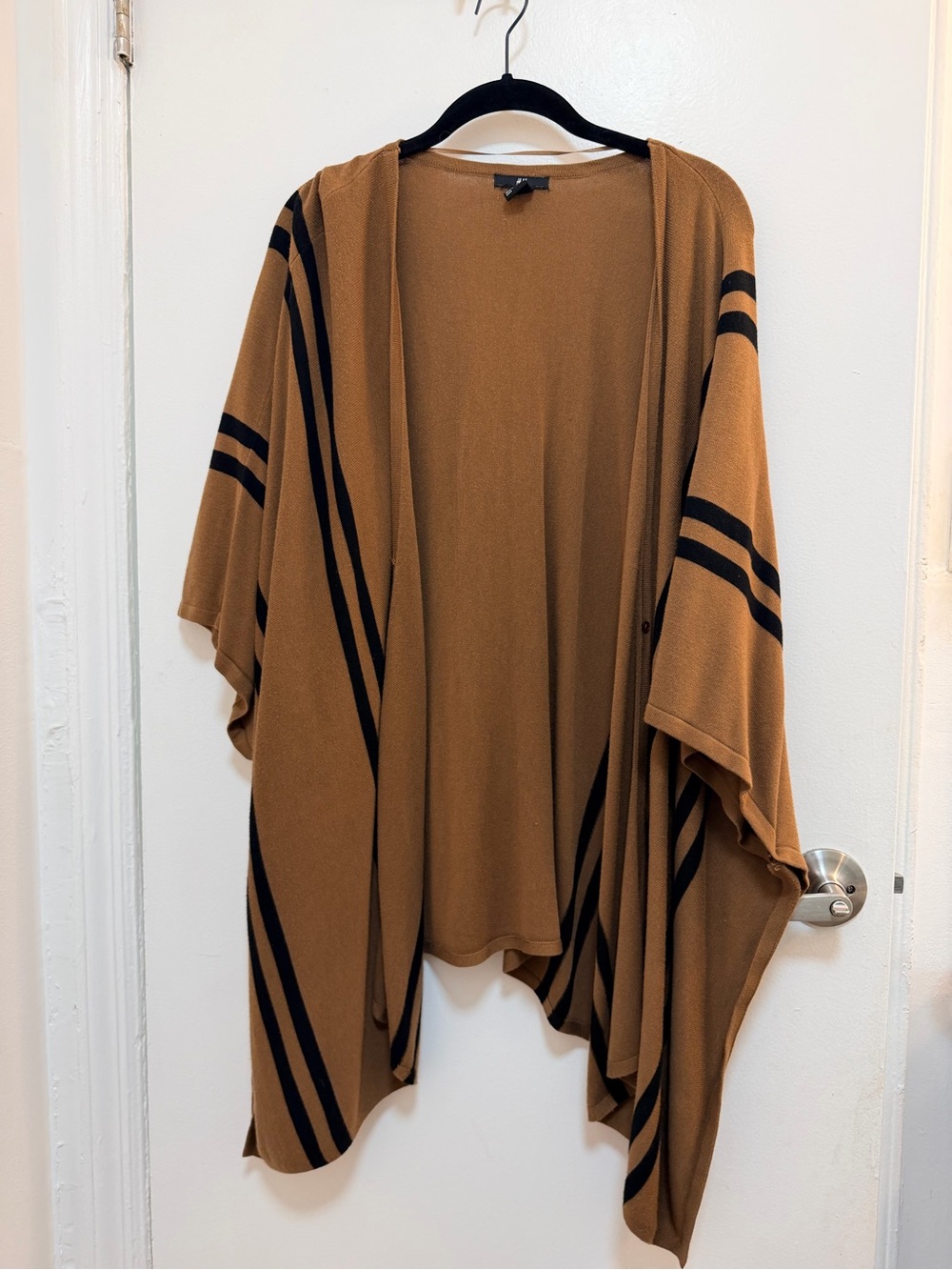 H&M Camel Brown Open-Front Knit Poncho with Black Stripes